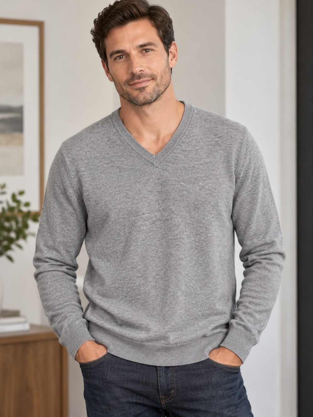Vince Men's 100%Cashmere Light Grey V-Neck Sweater Sz L Luxury Pullover